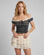 Women's Cropped Top with Ruffle Details, Delicate Lace Embellishment - Upper Body View