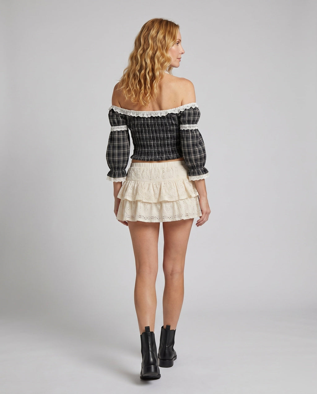 Women's Cropped Top with Ruffle Details, Delicate Lace Embellishment - Back View