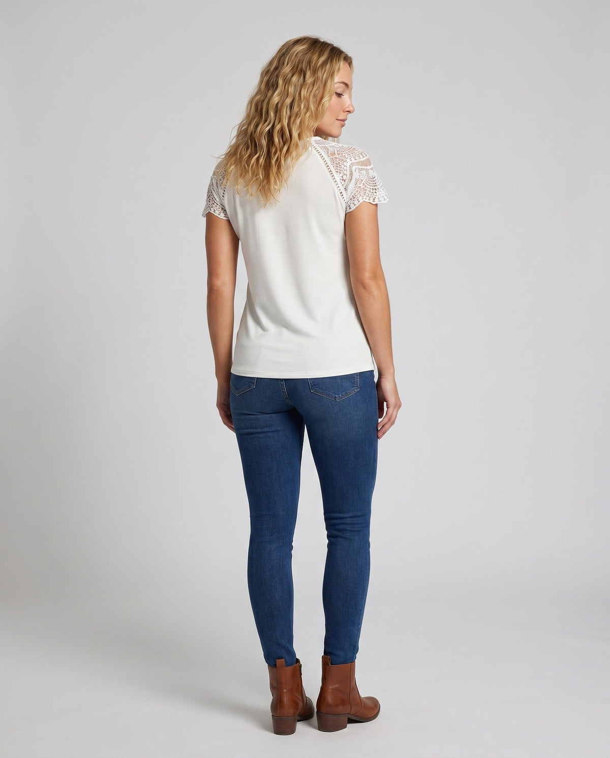 Women's Top with Elegant Lace Sleeves and Modern V-Neck - Back View