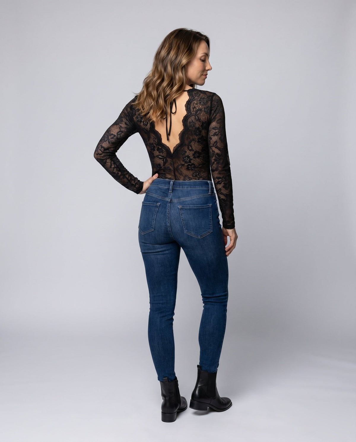 Women's Lace Bodysuits with Deep V-Neck and Long Sleeves - Back View