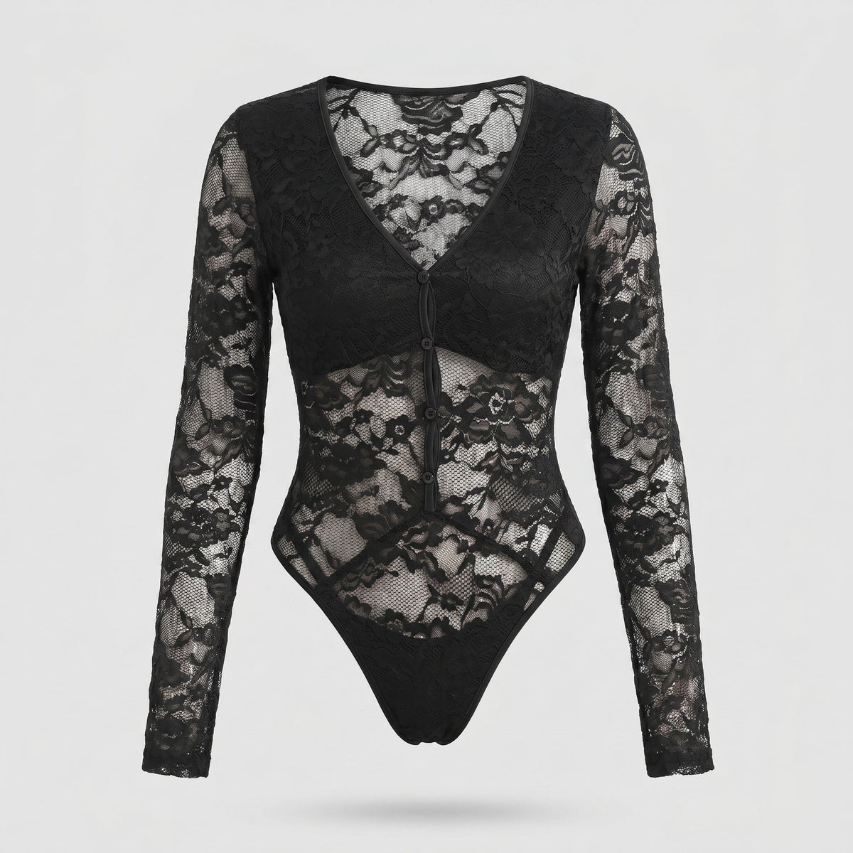 Women's Lace Bodysuit with Deep V-Neck and Elegant Button Closure