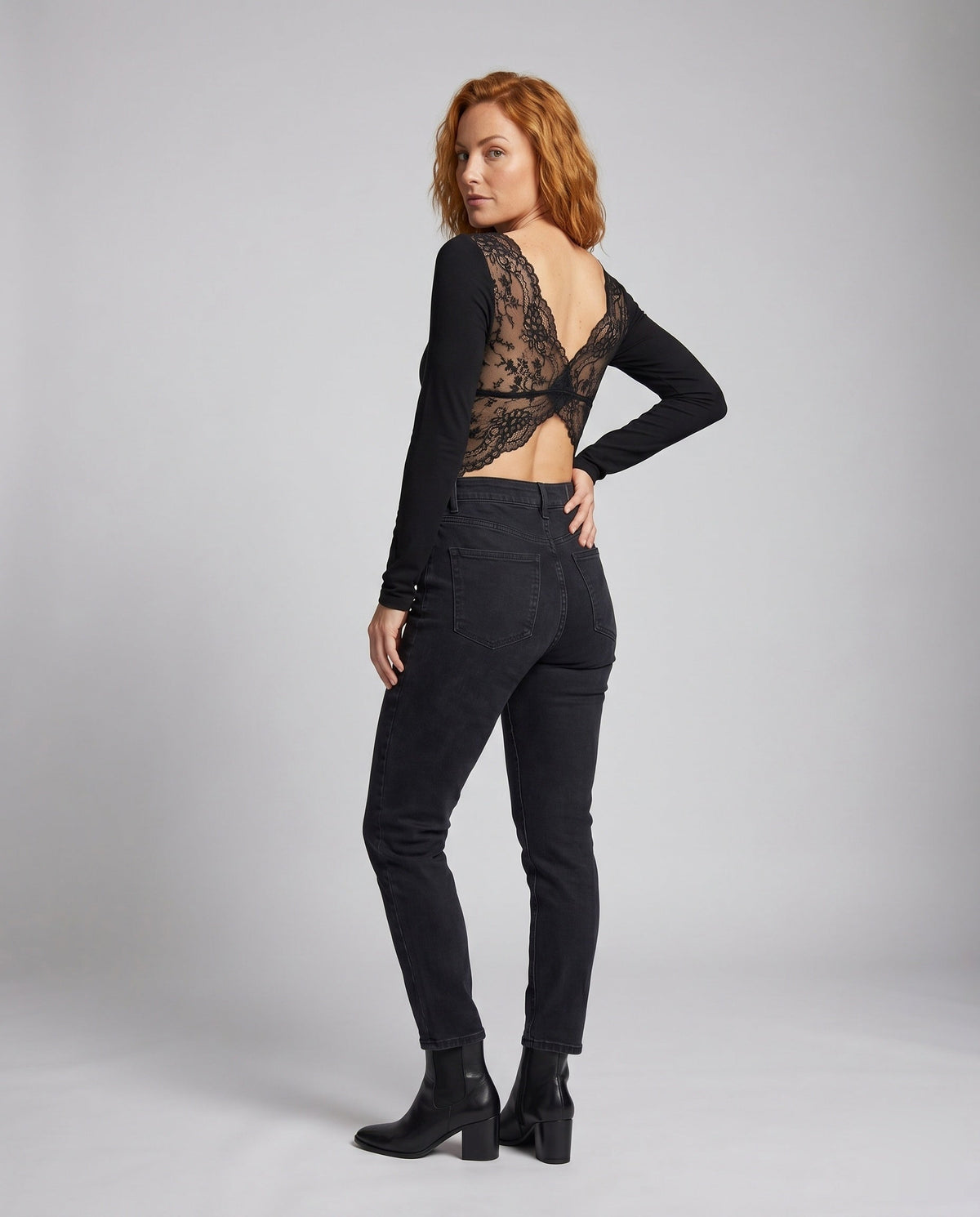 Women's Long-Sleeve Top with Romantic Lace Back and Elegant V-Neck - Back View