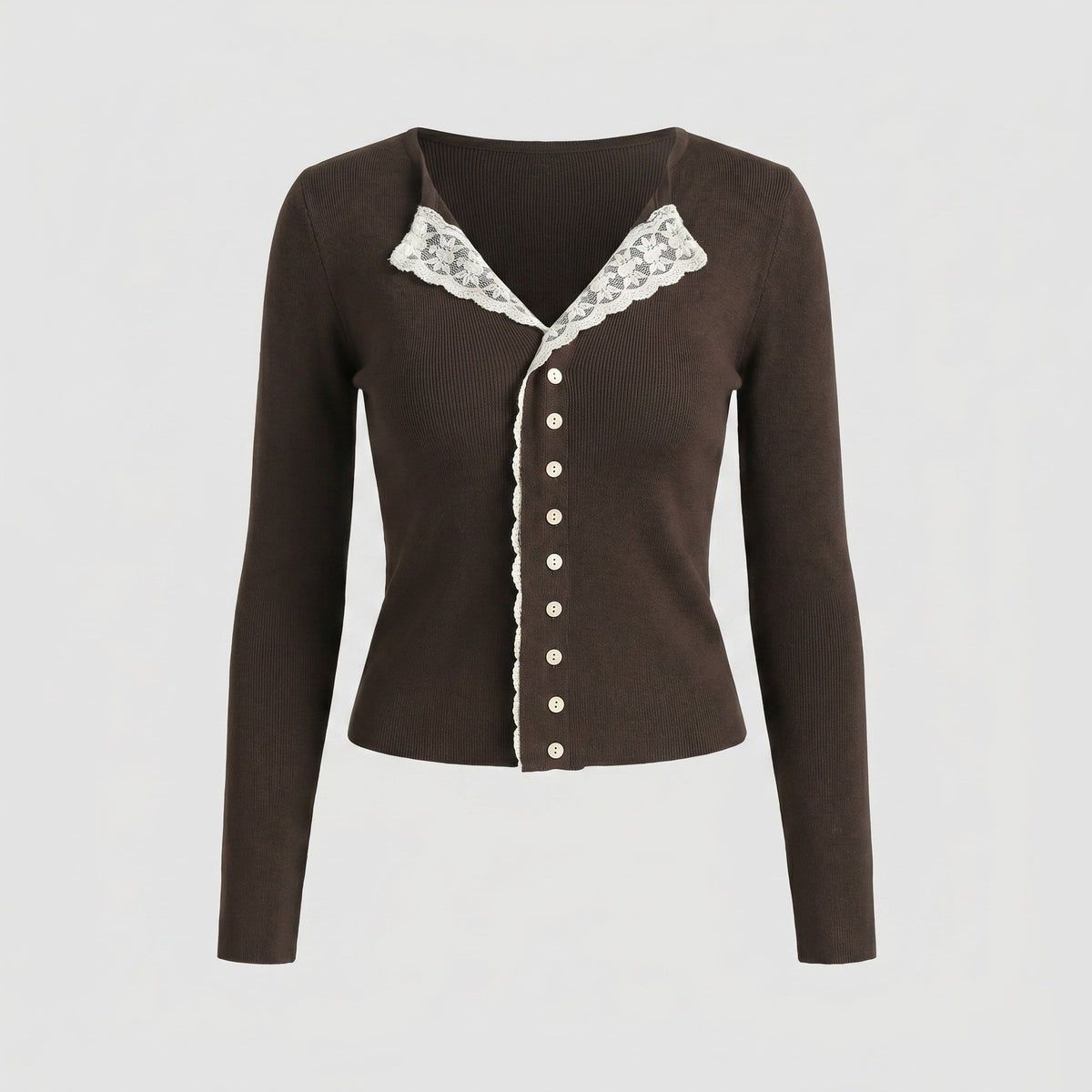 Women's Long Sleeve Shirt with Lace Trim and Button-Down Neckline