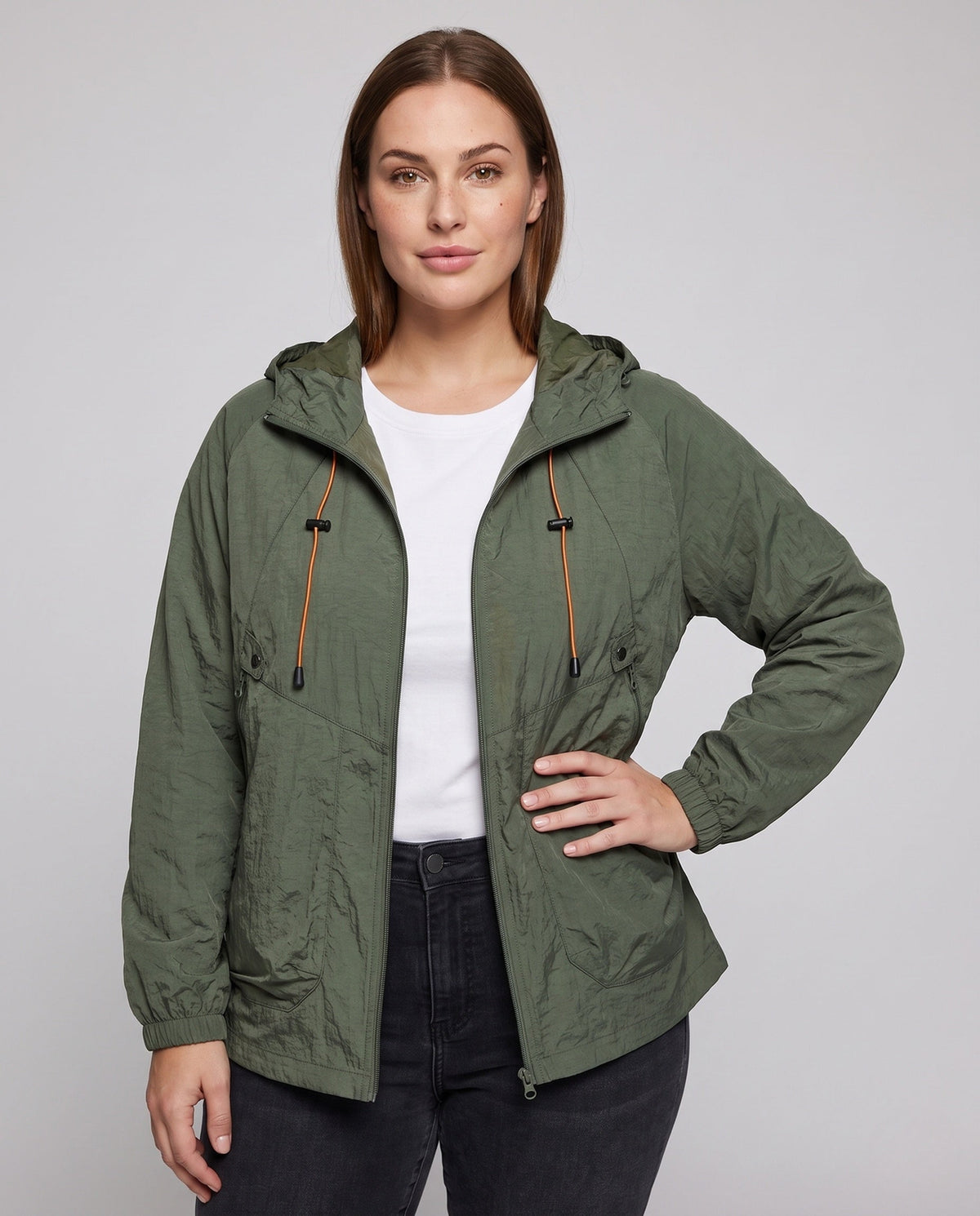 Women's Lightweight Outdoor Jacket with Adjustable Hood - Upper Body View