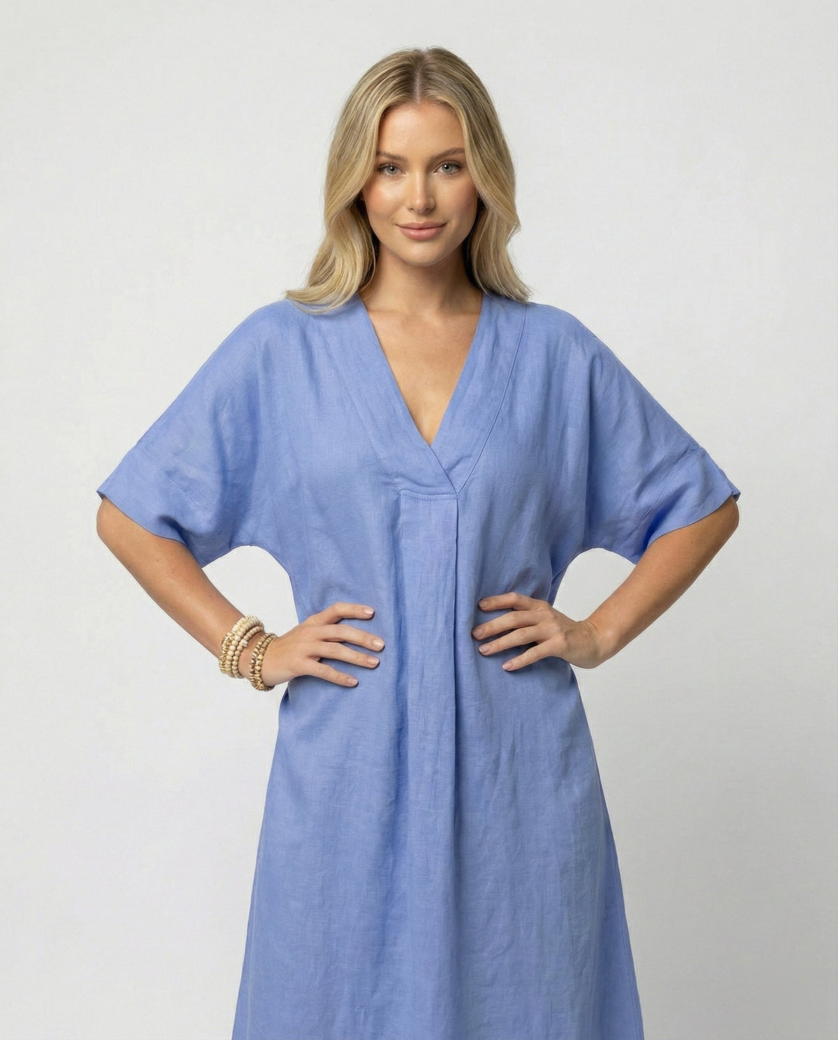 Women's Casual Linen Maxi Dress with V-Neck and Wide Cut Sleeves