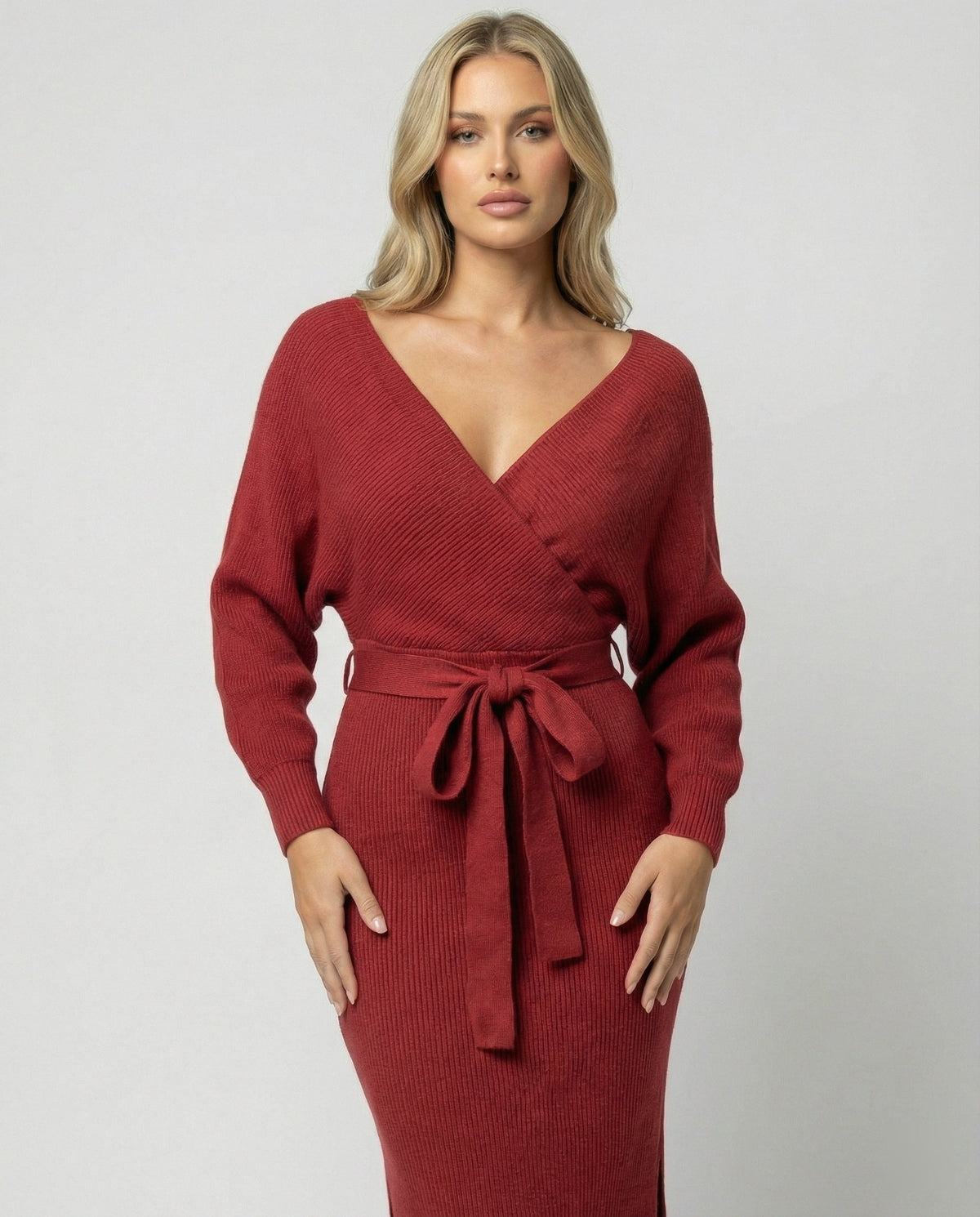 Women's Knit Dress with Elegant Wrap Design and Decorative Belt
